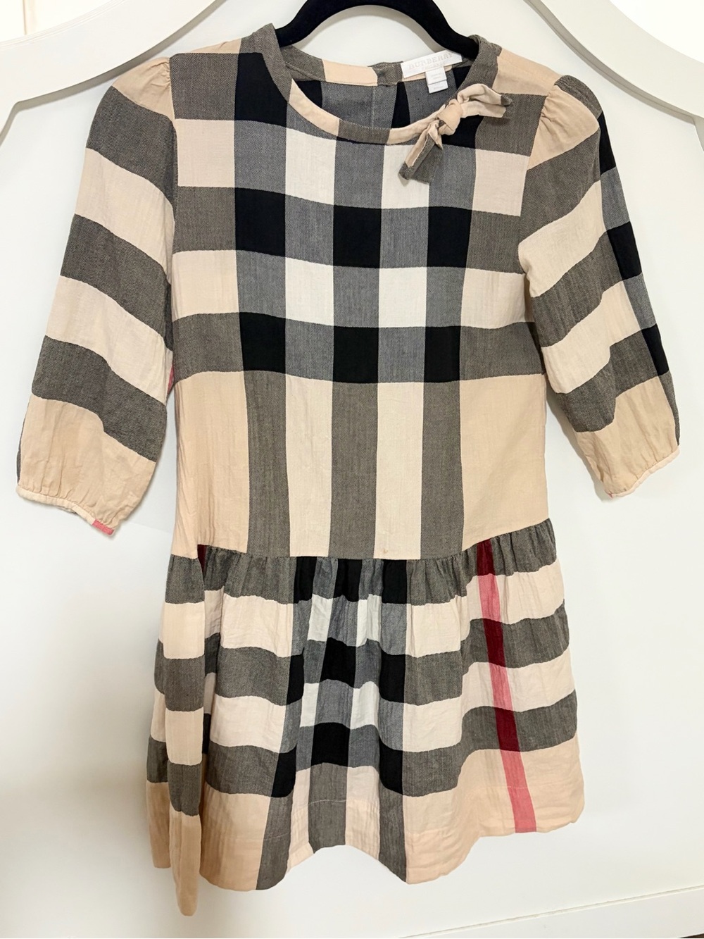 Burberry Kids Beige, Black & Red Check Cotton Dress with Bow Detail
